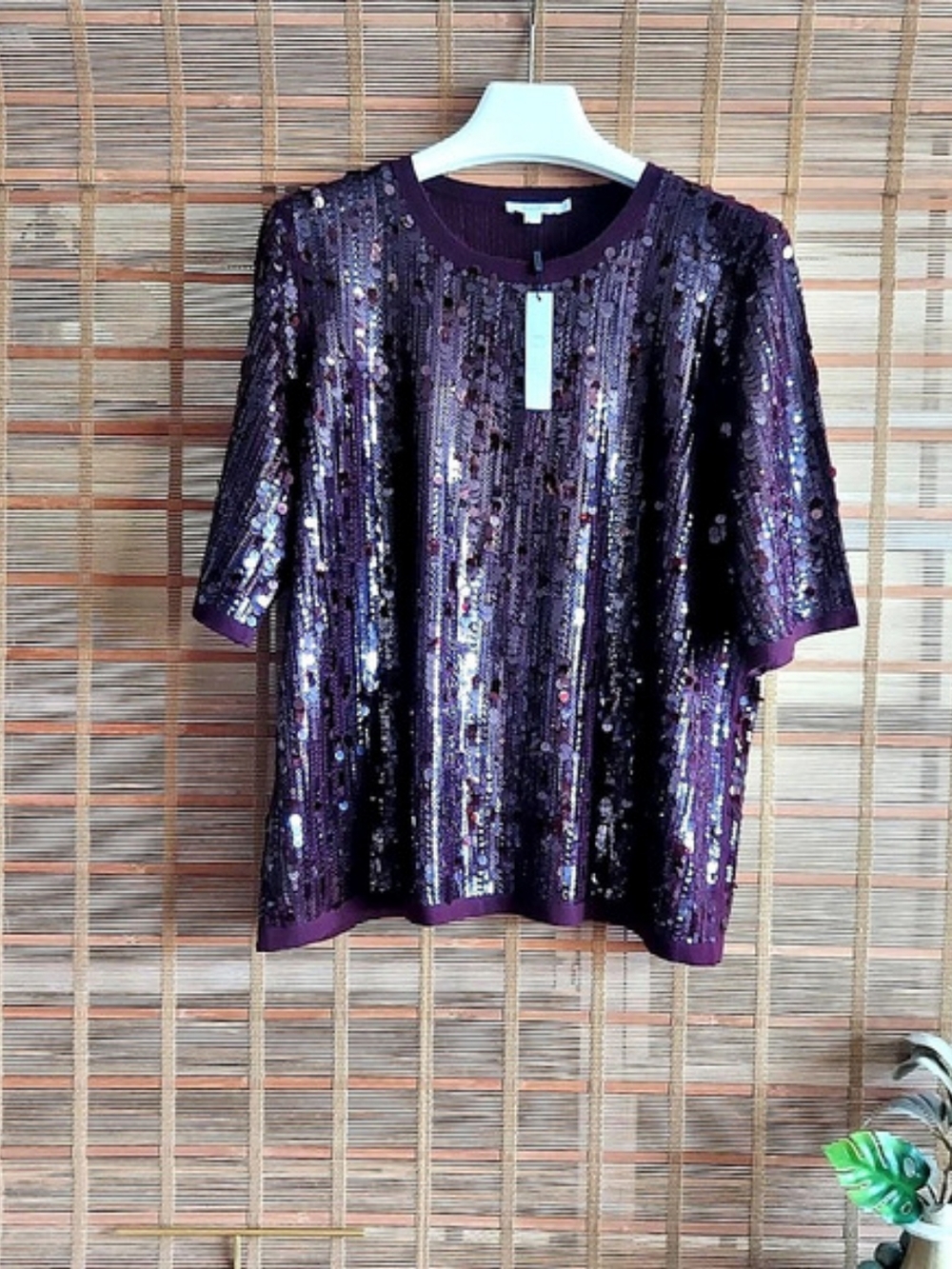 Chico's Sequin Short Sleeve Top in Purple & Black Size XL NWT